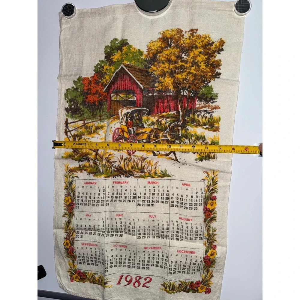 Vintage 1982 Linen Calendar Tea Towel Covered Bridge Horse Carriage Americana